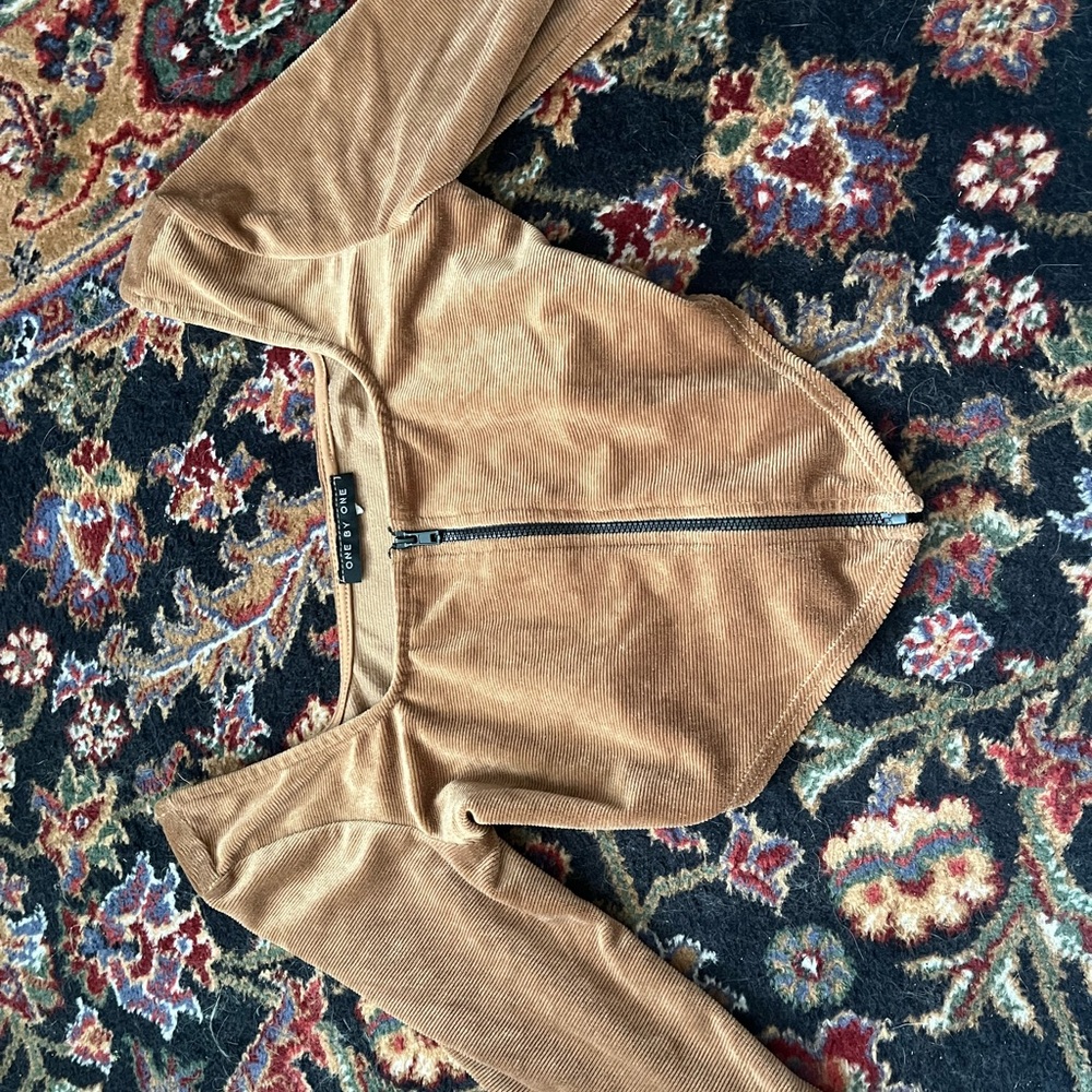 One by One Tan Corduroy Zip-Up Top
